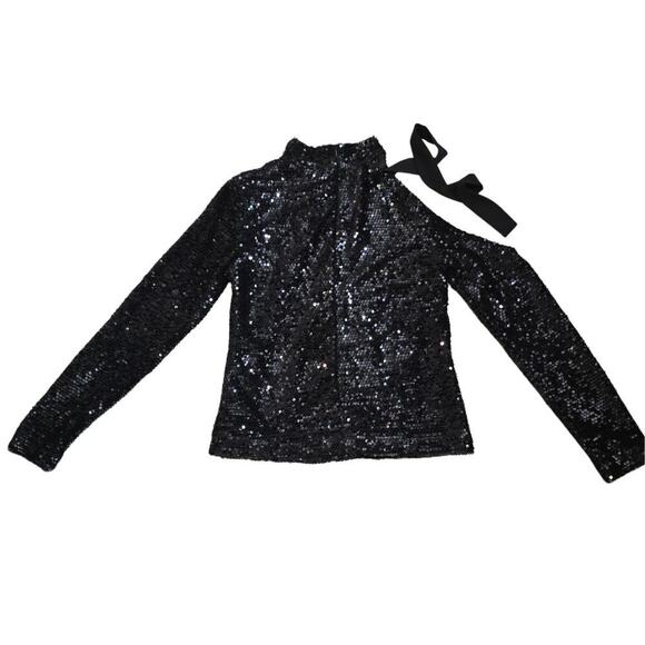 Black Long Sleeve Sequin Asymmetrical Ribbon Top Sz Small - Picture 5 of 7